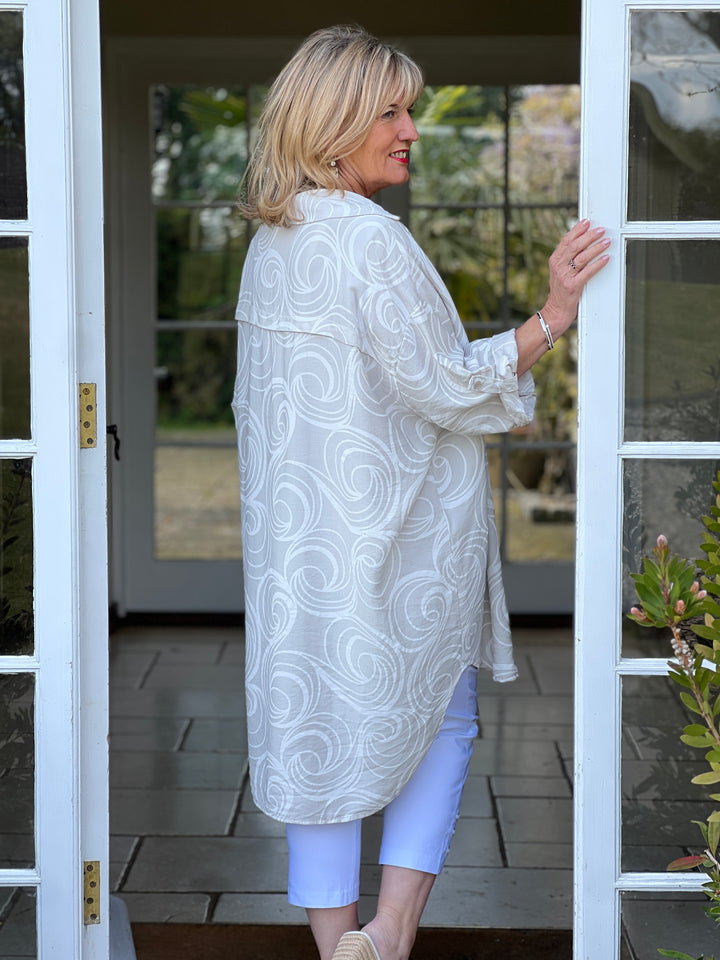 Button Through Longline Swirl Shirt  | Stone