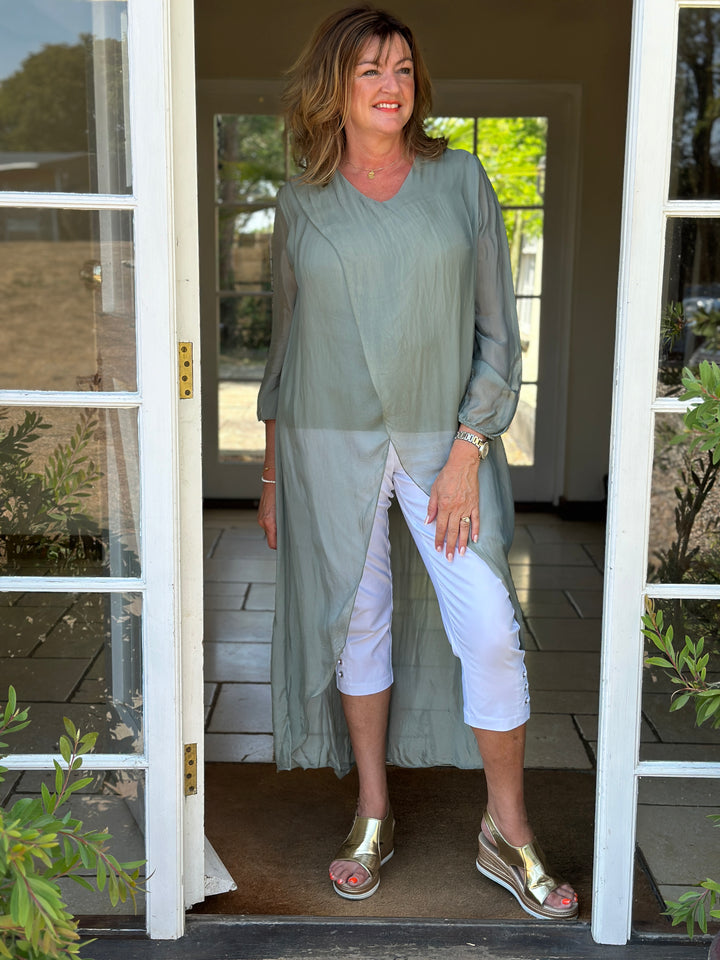Silk Longline Cross Over Top | Slate