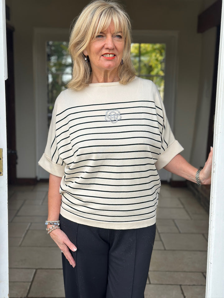 Embellished Flower Stripe Detail Top | Beige