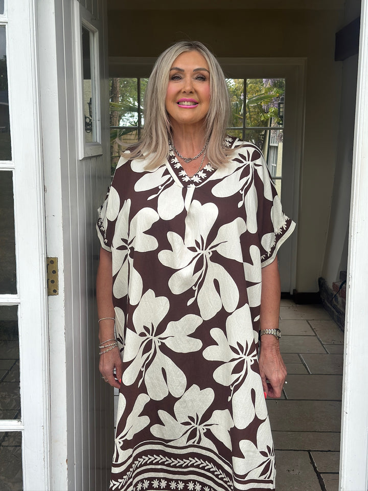 V-Neck Large Flower Tunic Dress | Brown