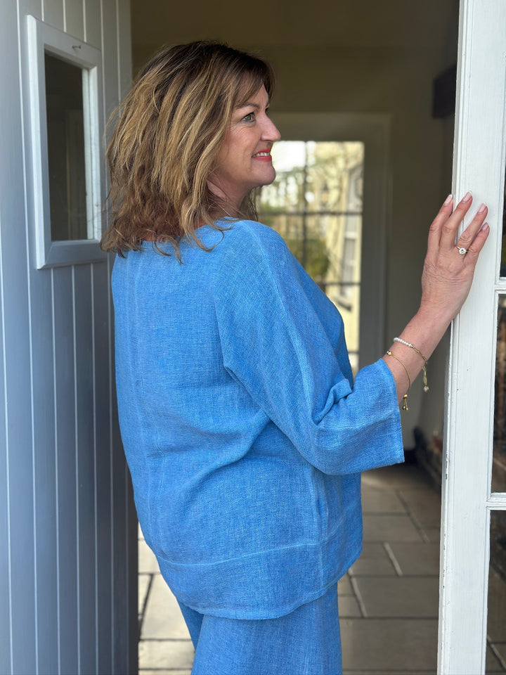 Wide Sleeve Linen Top | Denim Blue