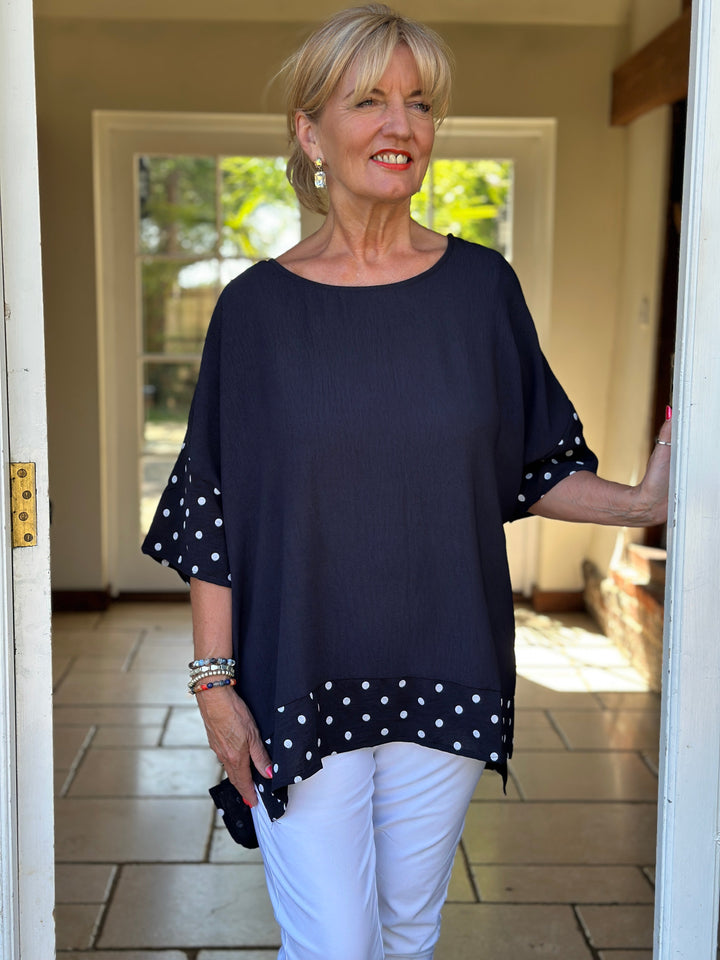Polka Dot Trim Cotton Top | Navy