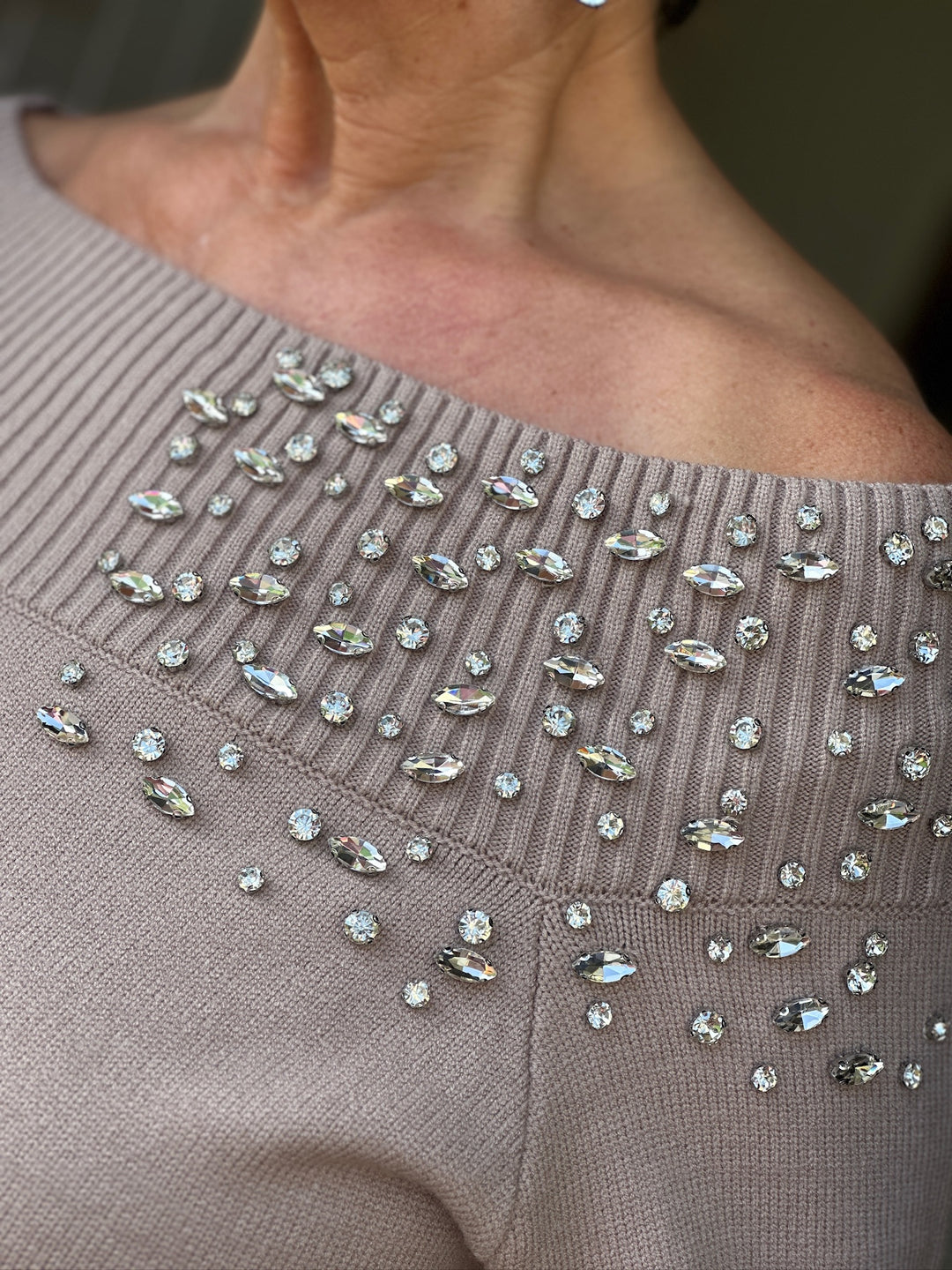 Crystal Detail Bardot Jumper - Malissa J | Taupe