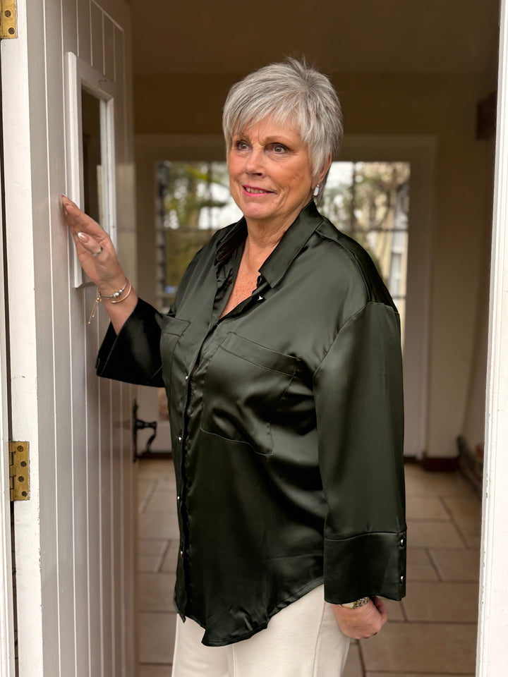 Satin Cuff Detail Pocket Shirt - Malissa J | Deep Green