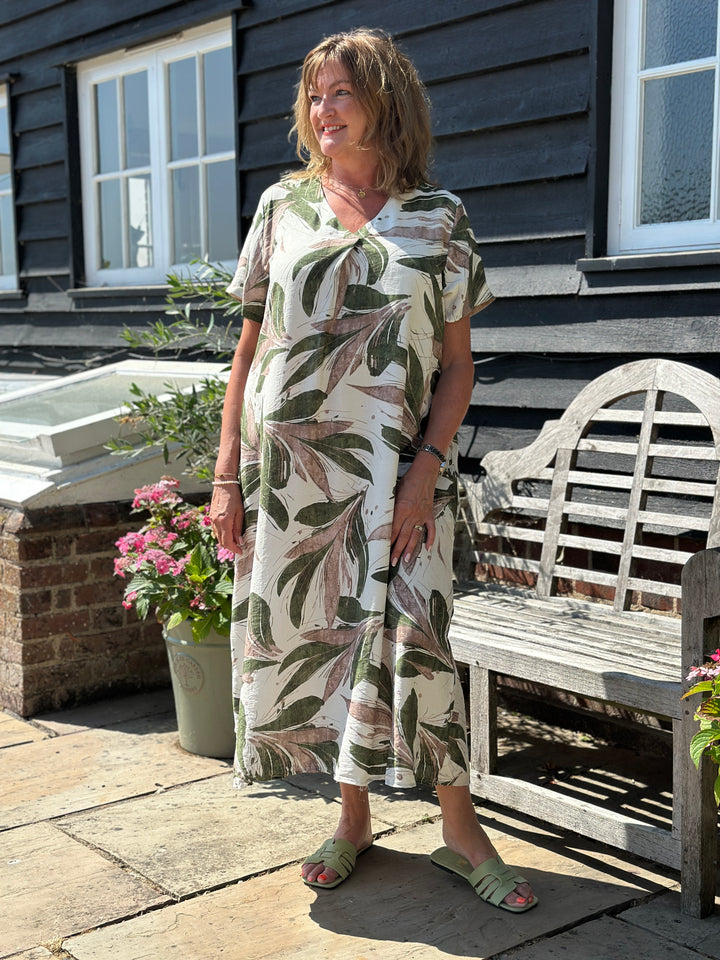 Botanical Leaf Print V-Neck Maxi Dress