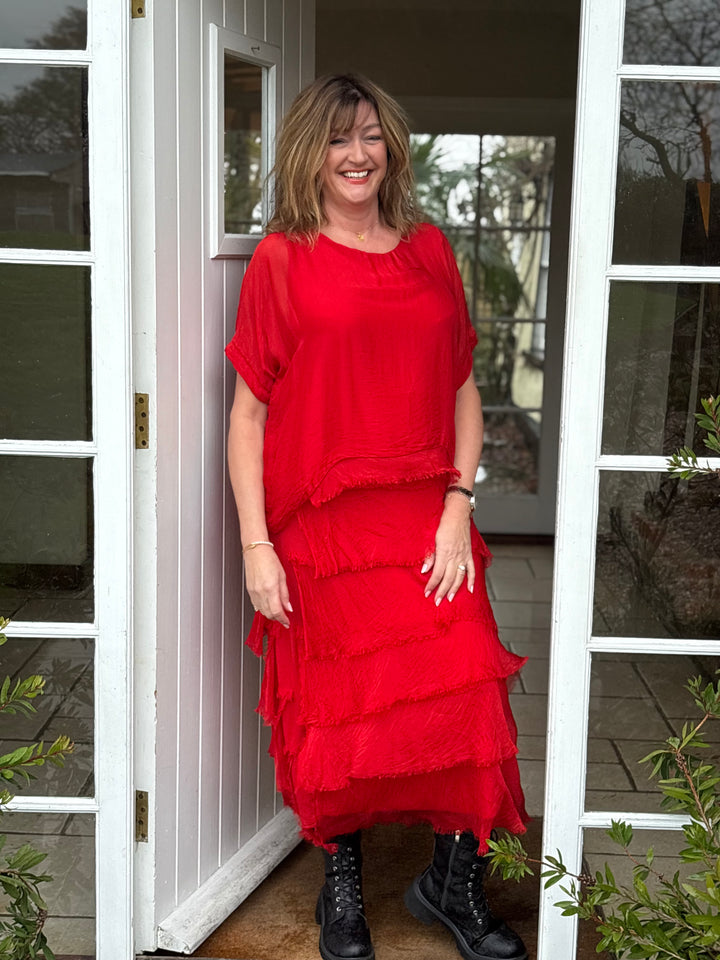 Silk Tiered Ruffle Dress | Ruby Red