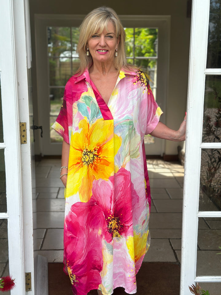 Watercolour Floral Sun Dress | Fuchsia