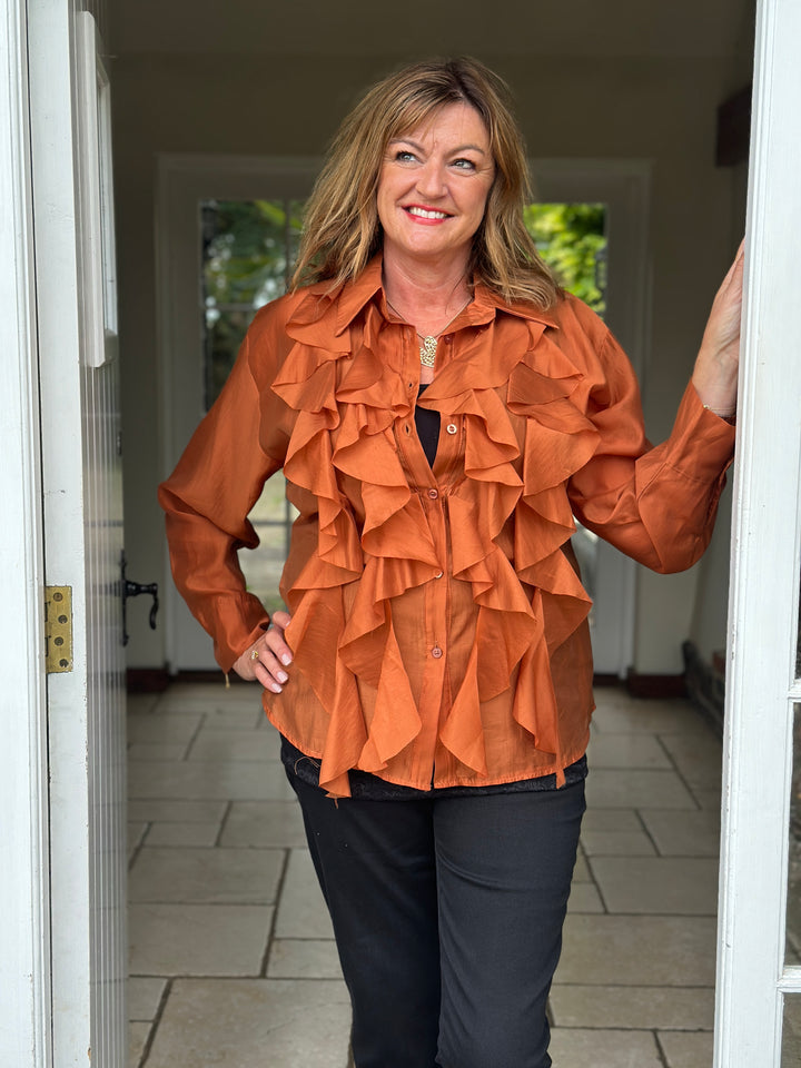 Ruffle Detail Sheer Button Blouse | Copper
