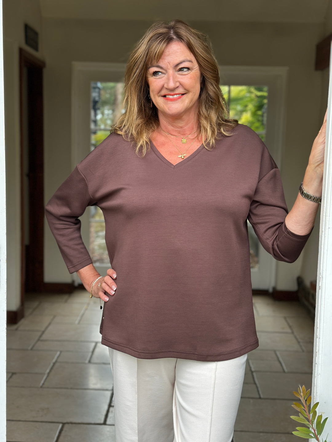 Relaxed V-Neck Long Sleeve Top - Malissa J | Chocolate Brown