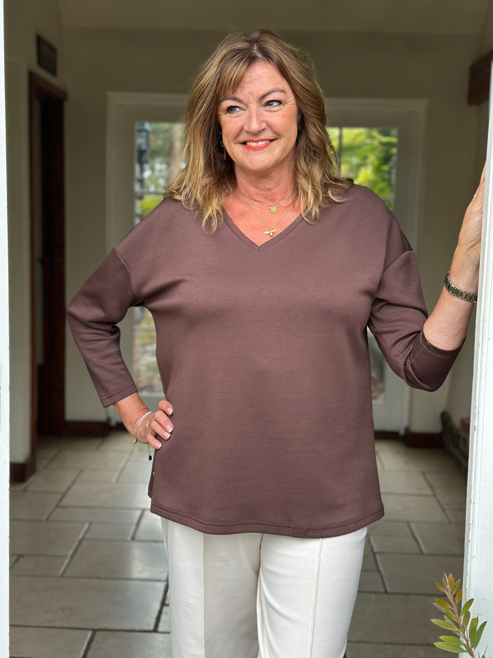 Relaxed V-Neck Long Sleeve Top - Malissa J | Chocolate Brown
