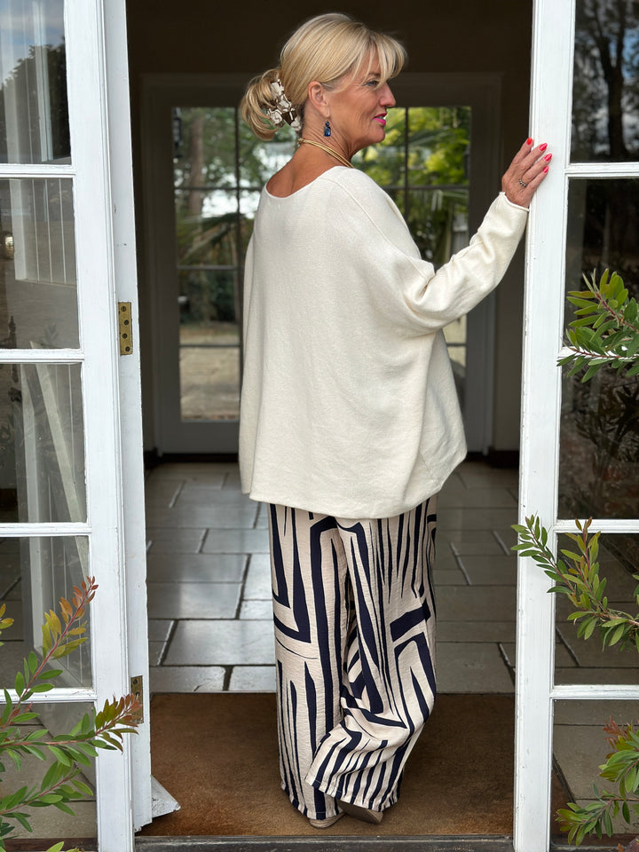 Abstract Print Wide Leg Trousers | Navy