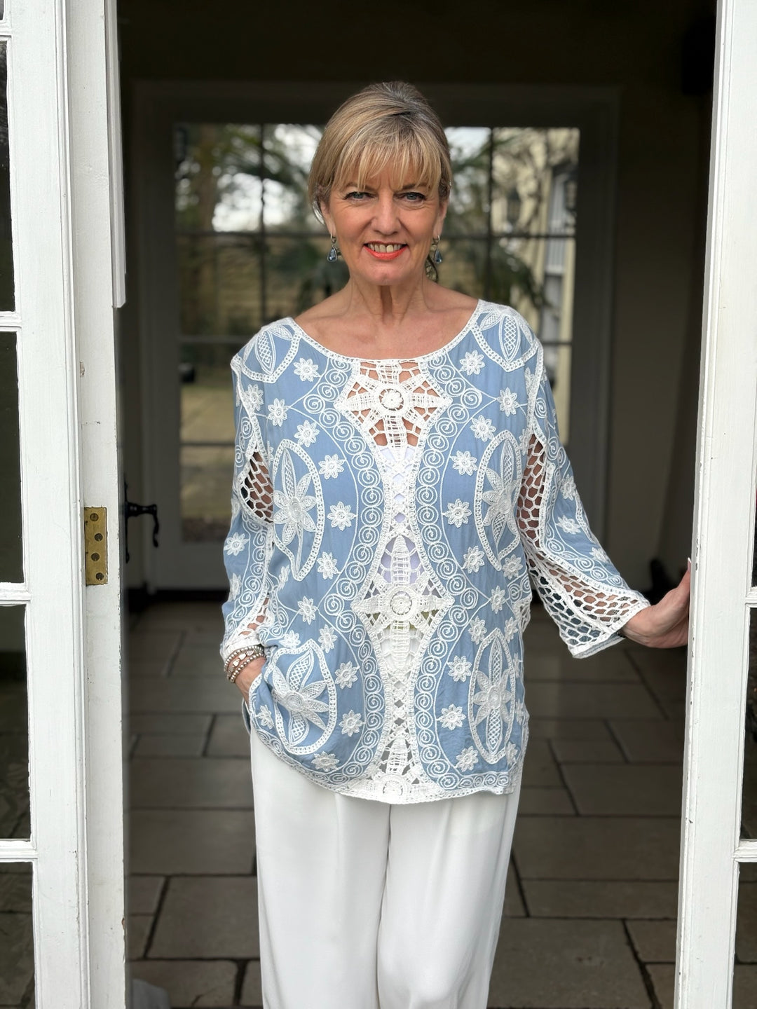Floral Crochet Tapestry Design Top | Soft Blue