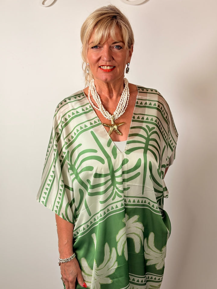 Silk-Blend Tropical Print Kaftan | Green