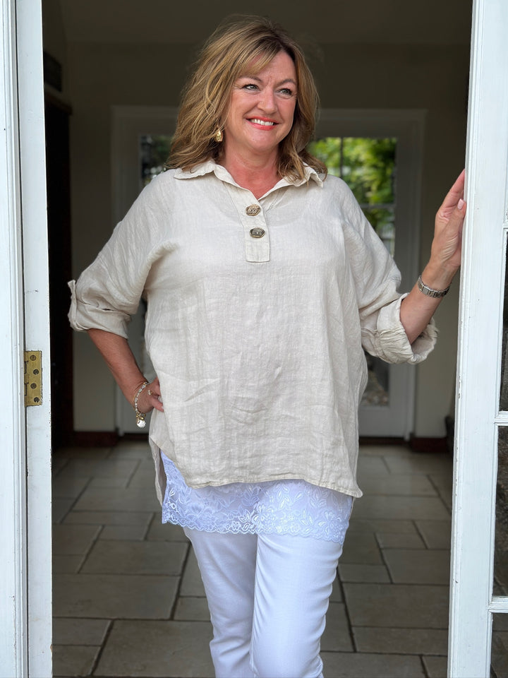 Linen Double Button Top | Beige
