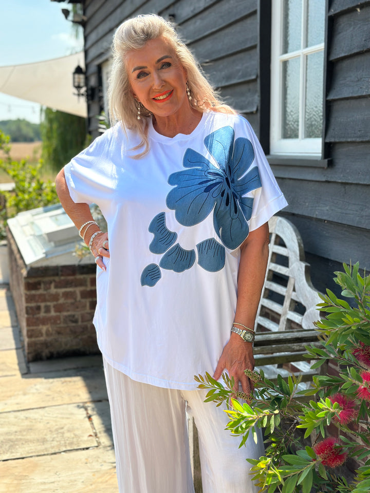 Denim Floral Appliqué Tee | White