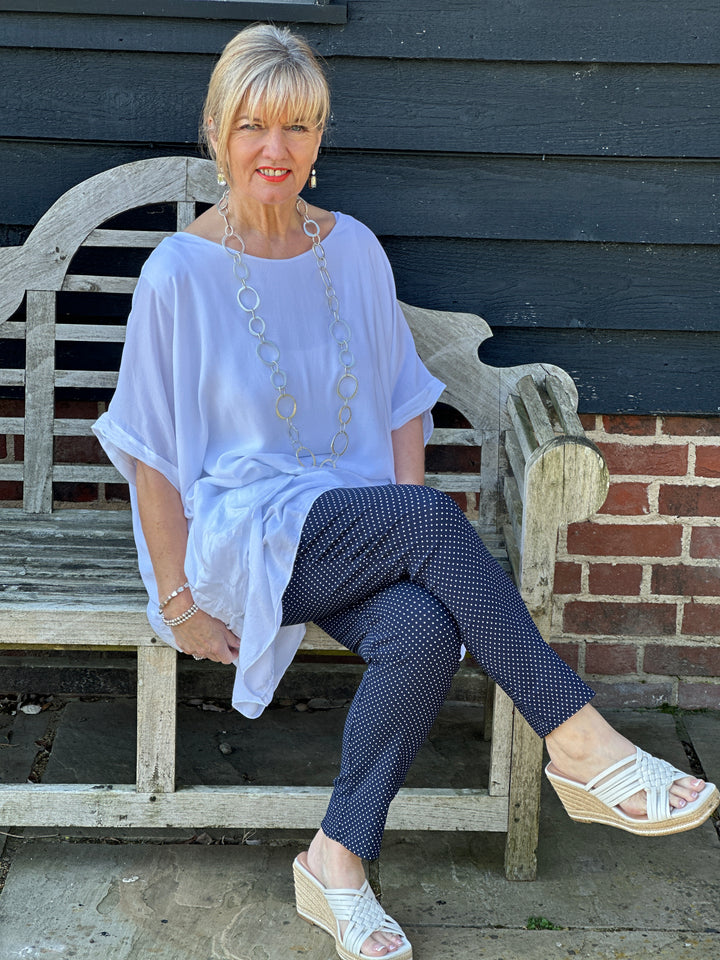 Pull Up Ankle Grazer Trouser - PINNS - 302CT | Navy Polka Dot