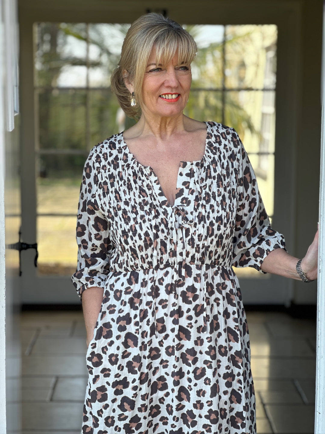 Leopard Smocked Midi Dress