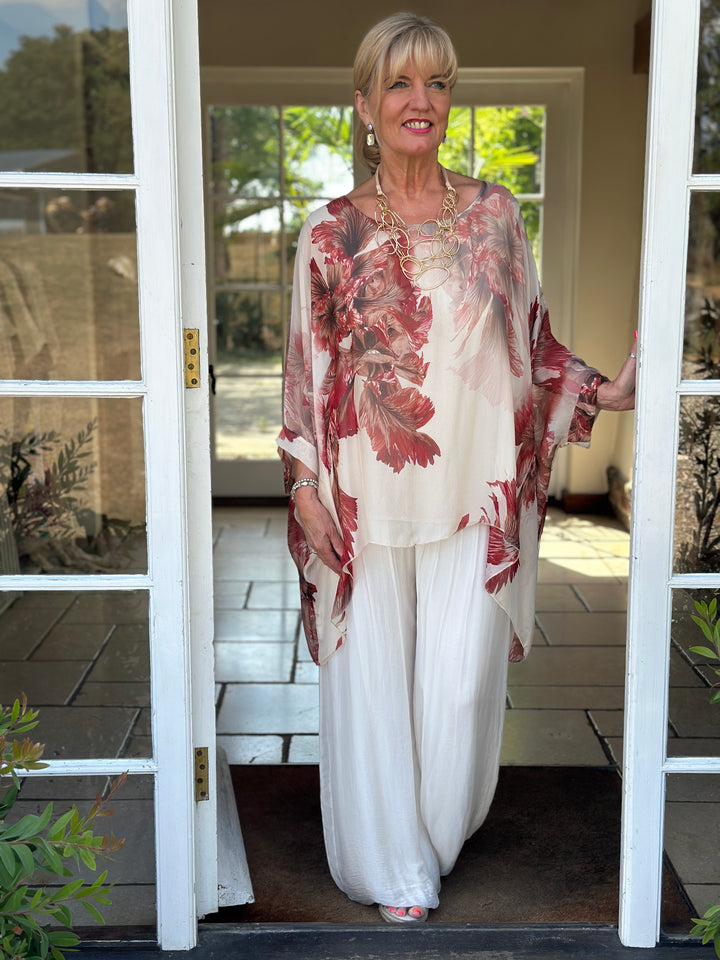 Mia Floral Silk Blouse | Beige