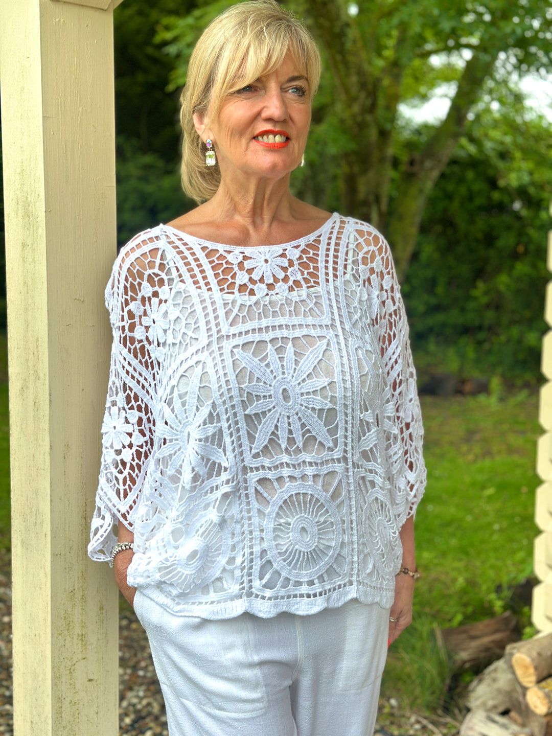 Floral Crochet Batwing Top | White