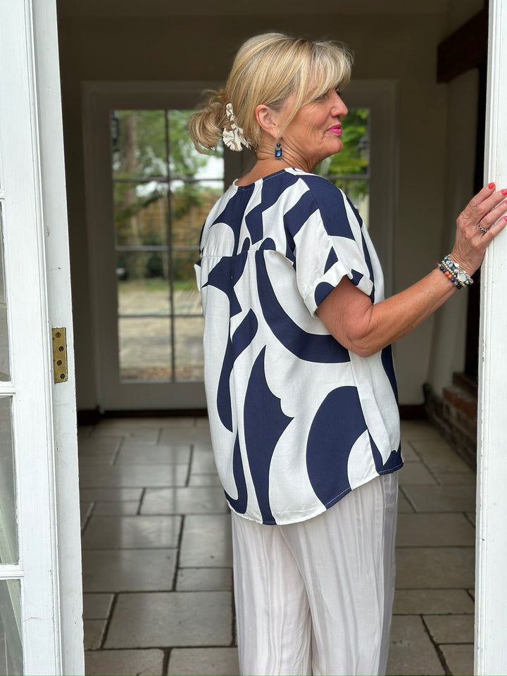 Swirl Print Button-Neck Top | Navy