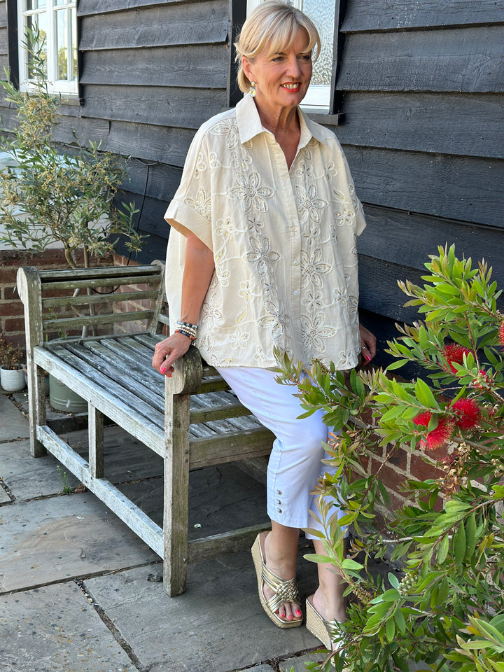 Sequin Floral Cotton Blend Shirt | Cream