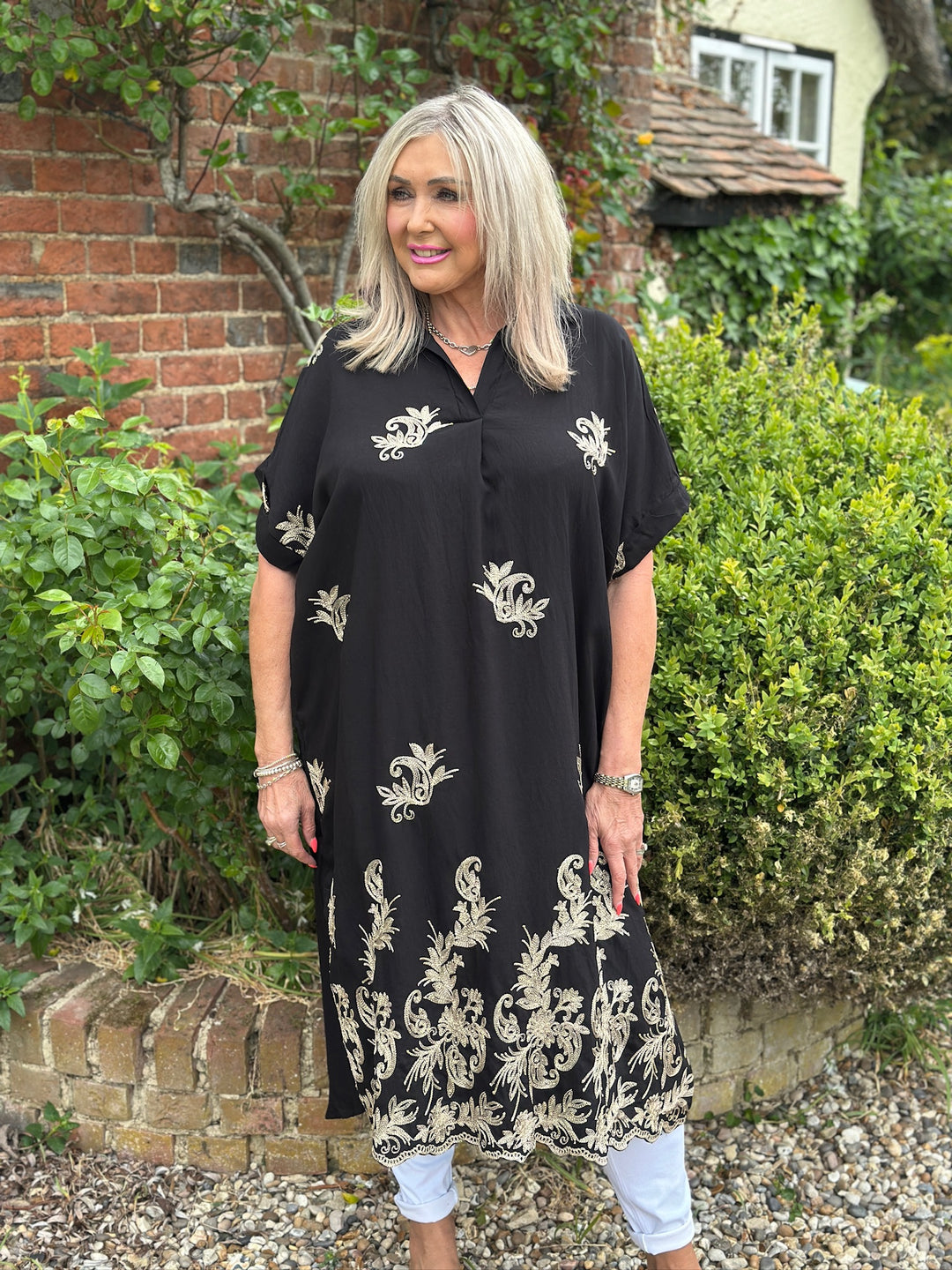 Swirl Glitz Leaf Embroidered Tunic Dress | Black