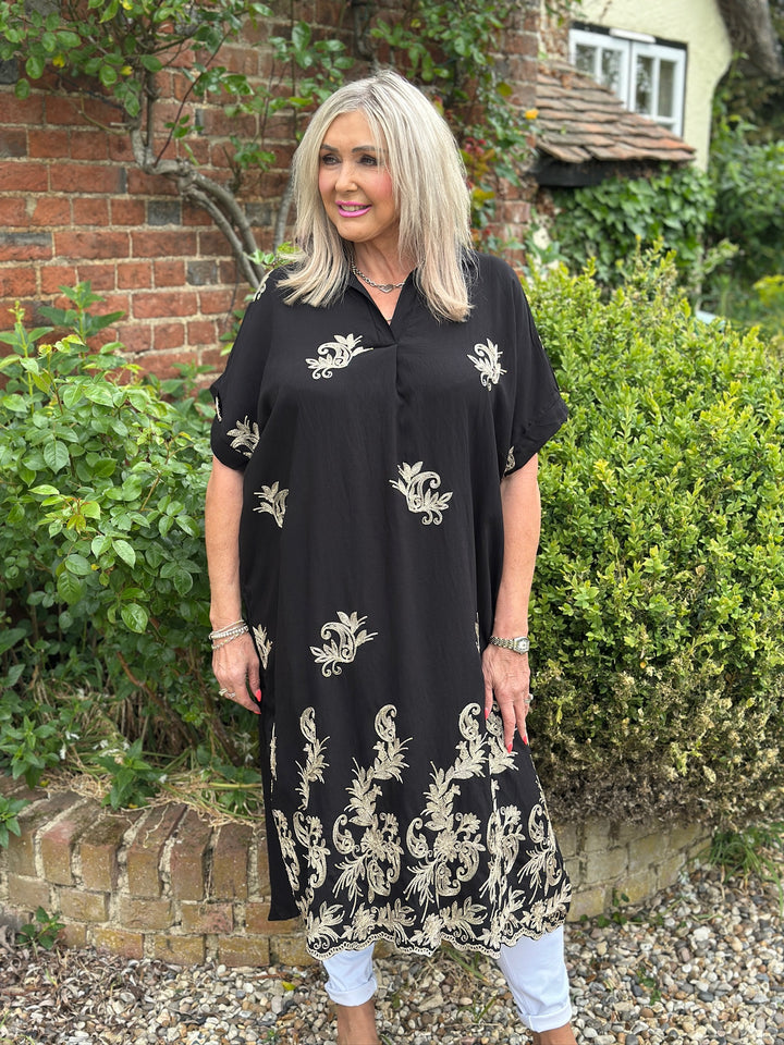 Swirl Glitz Leaf Embroidered Tunic Dress | Black
