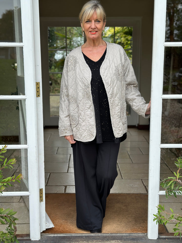 Embroidered Sequin Quilted Jacket | Stone