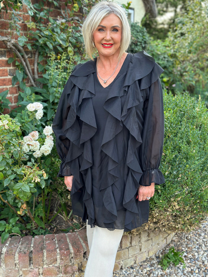 Ruffle Detail Sheer Tunic Blouse | Black