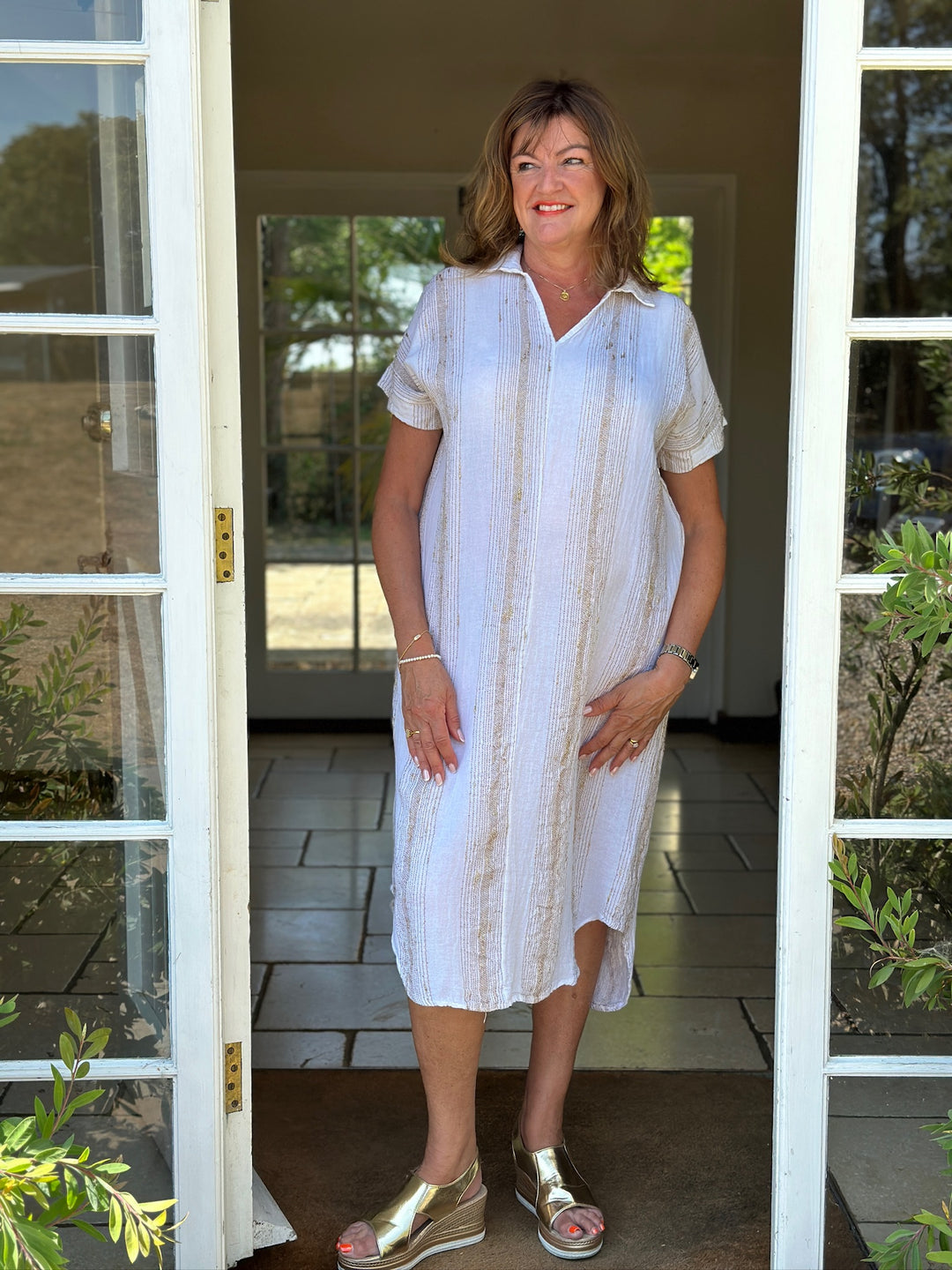 Metallic Stripe Kaftan Dress | White