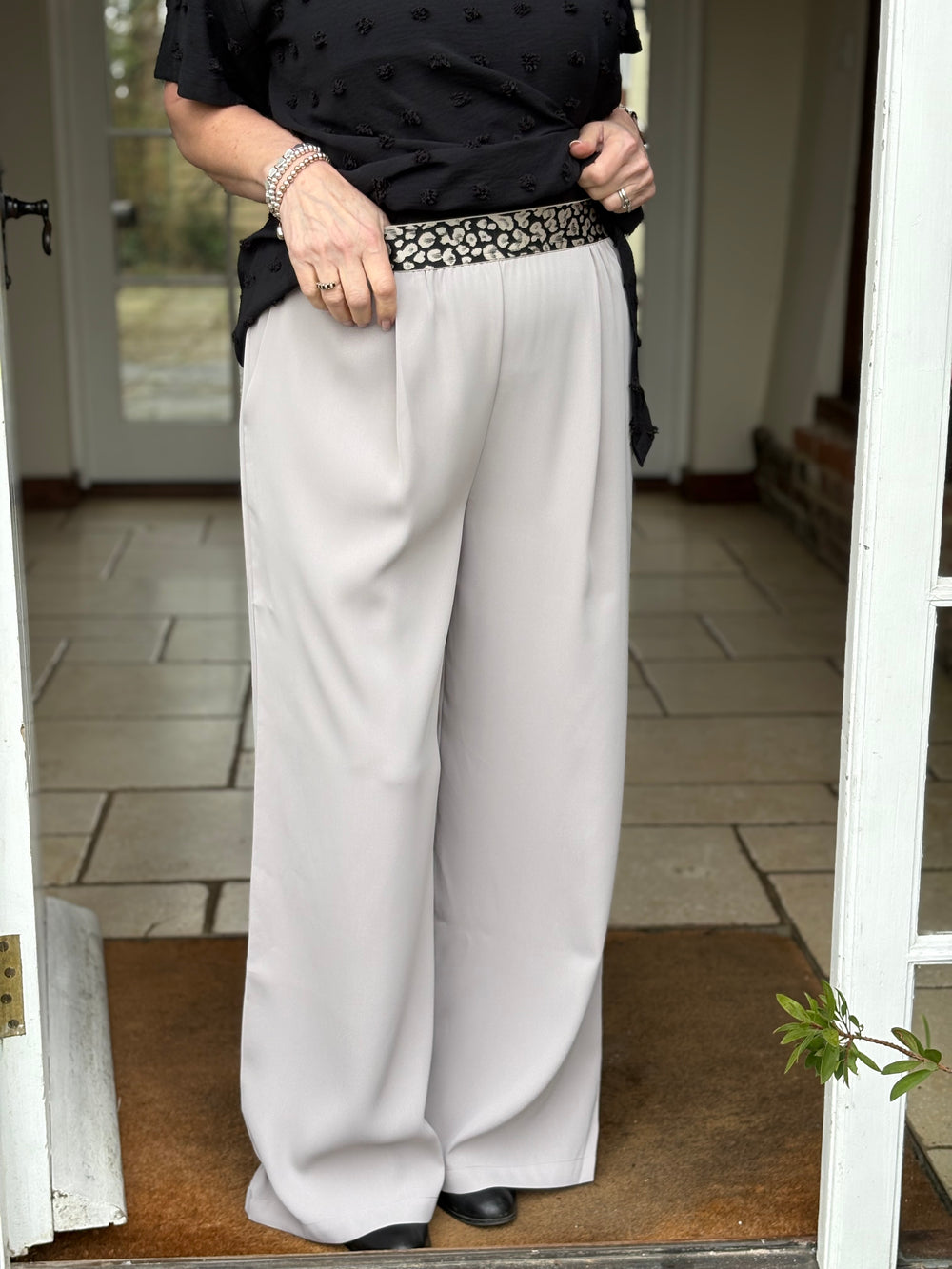 Woven Wide Leg Trouser Animal Print Waist Malissa J | Stone - Mandy's Heaven 