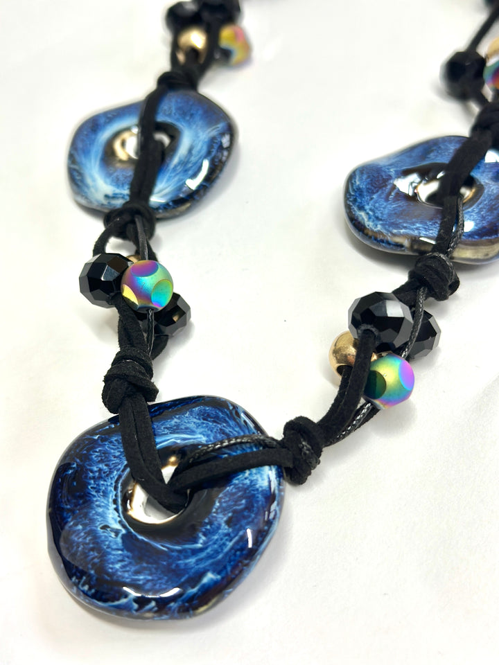 Glazed Disc Cord Necklace | Blue