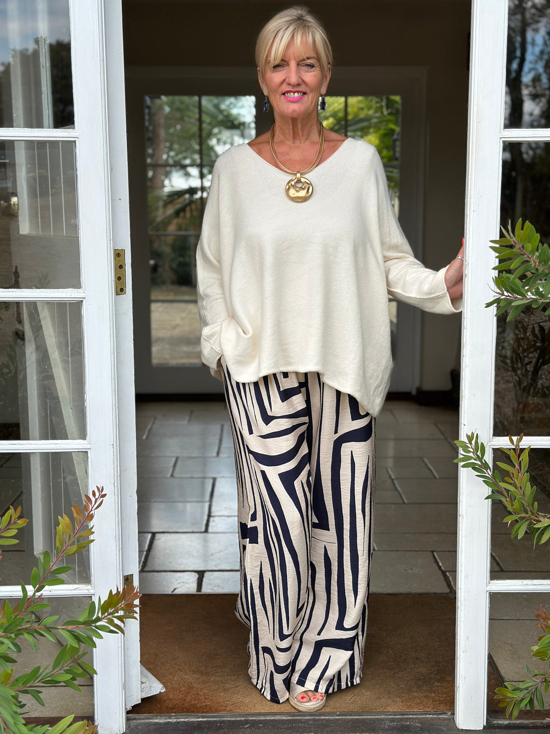 Abstract Print Wide Leg Trousers | Navy