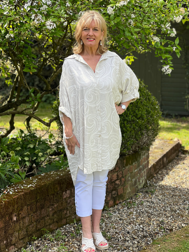 Button Through Longline Swirl Shirt  | Stone
