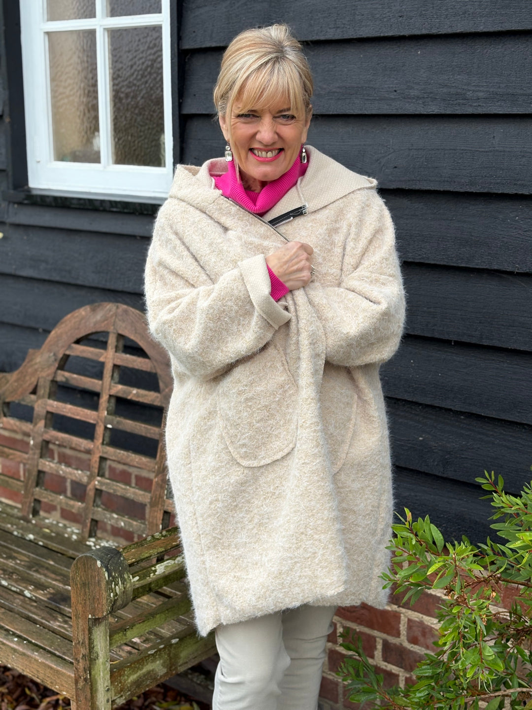 Brushed Hooded Zip Coat | Cream