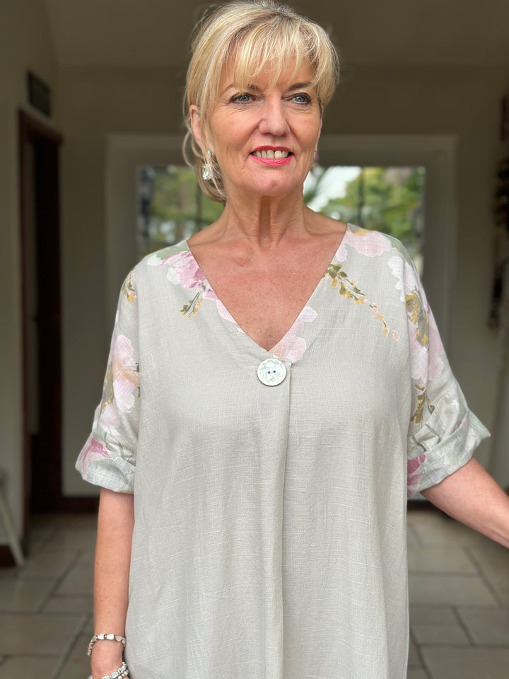 Linen Blend Floral Dress | Light Taupe