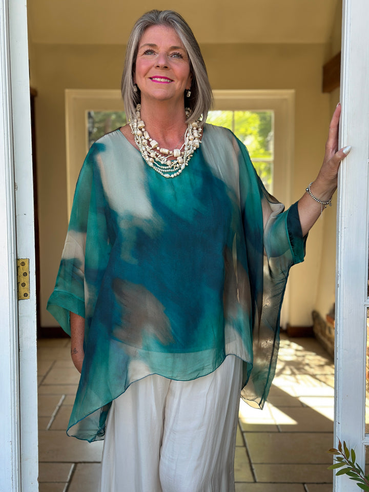 Mia Watercolour Silk Blouse | Aqua