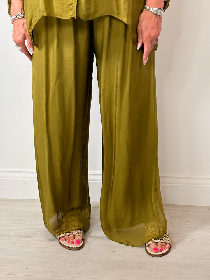 Silk Floaty Trousers | Olive