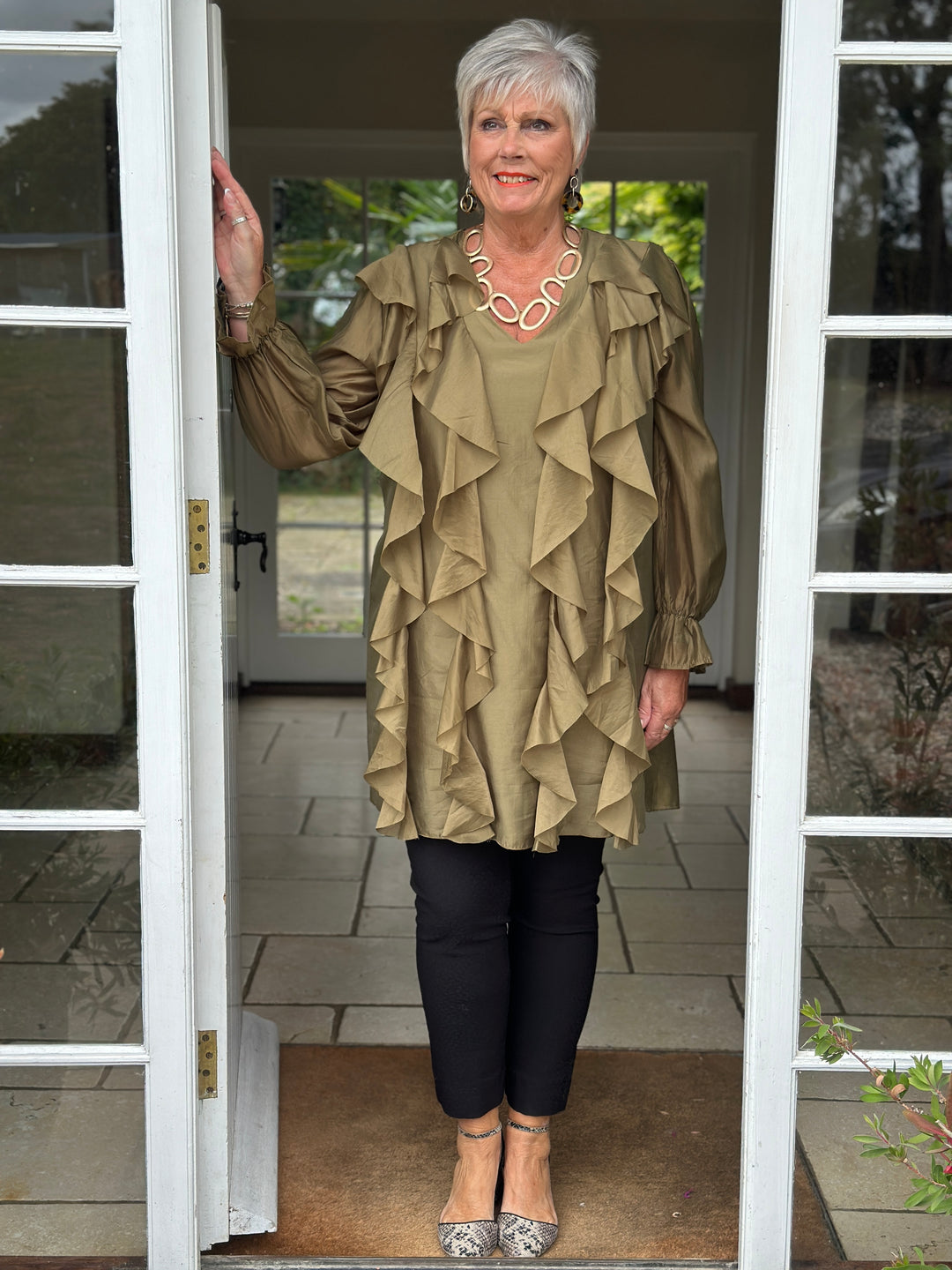 Ruffle Detail Sheer Tunic Blouse | Khaki