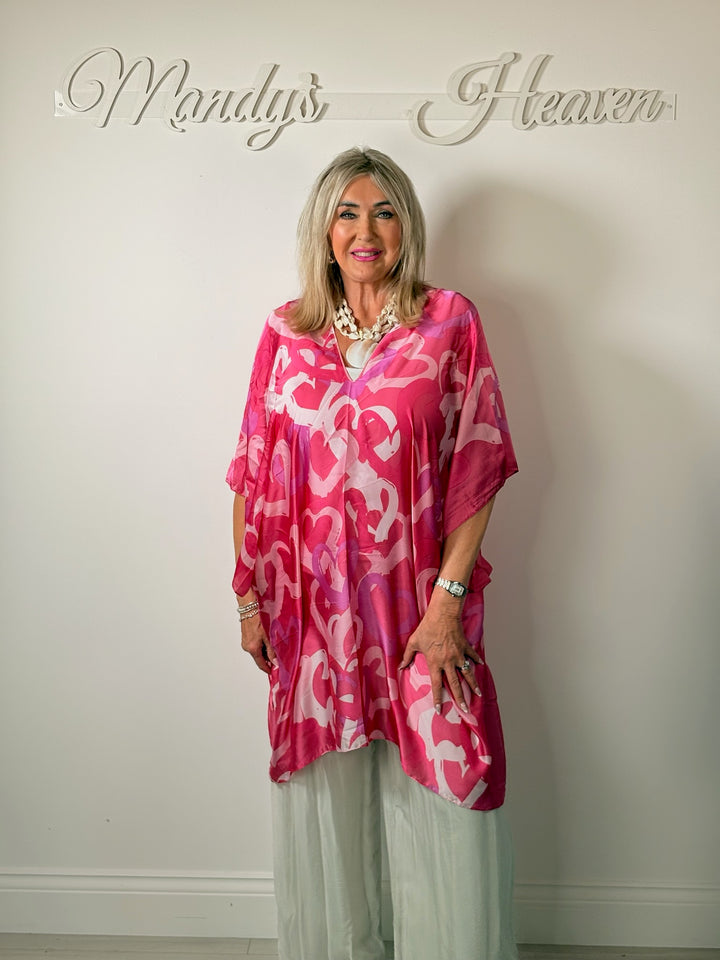 Silk-Blend Love Heart Print Kaftan | Fuchsia