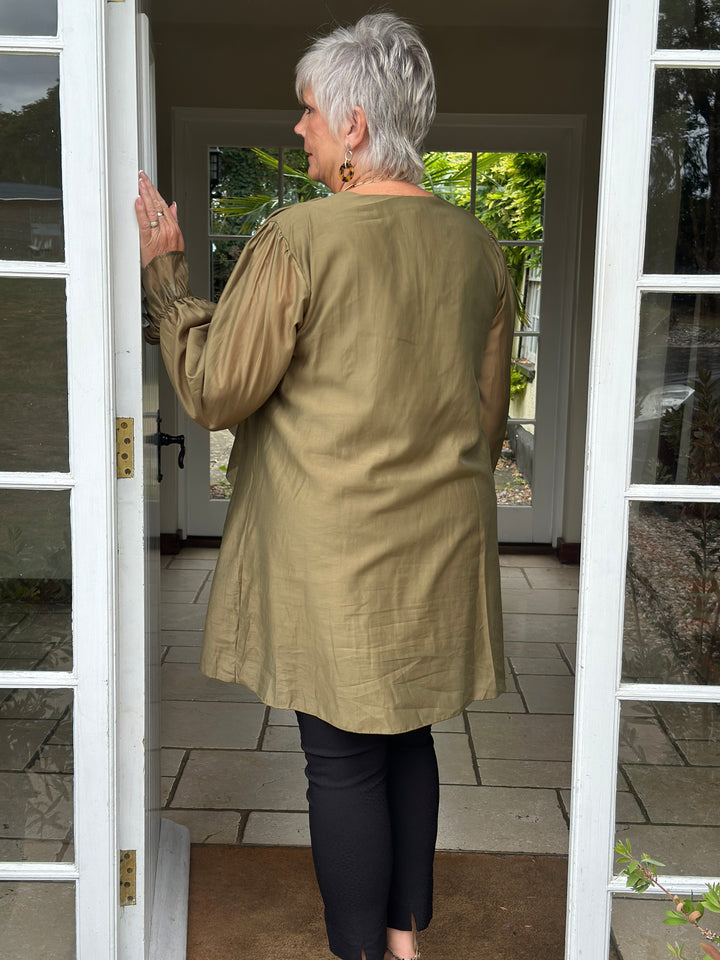 Ruffle Detail Sheer Tunic Blouse | Khaki