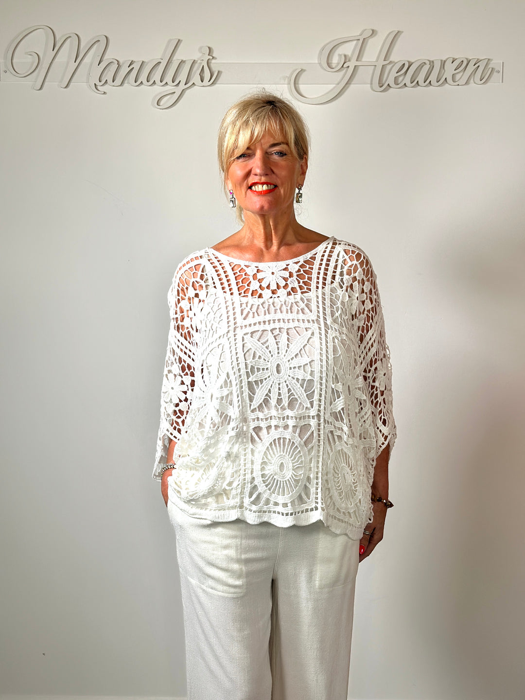Floral Crochet Batwing Top | White