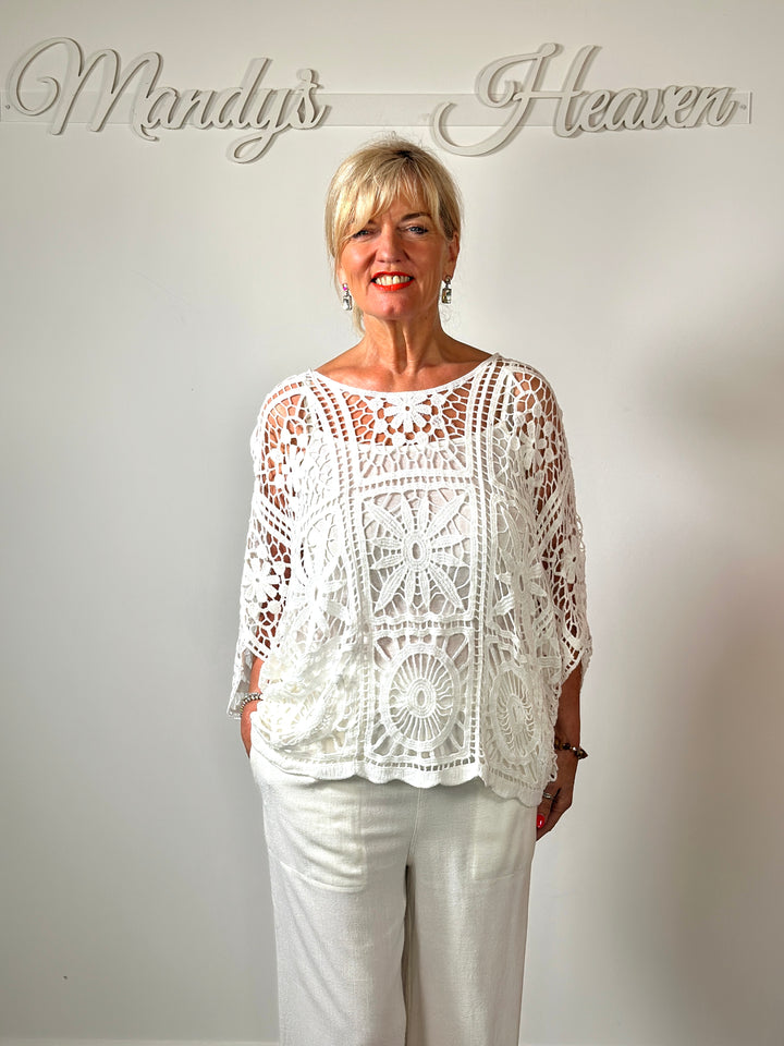 Floral Crochet Batwing Top | White