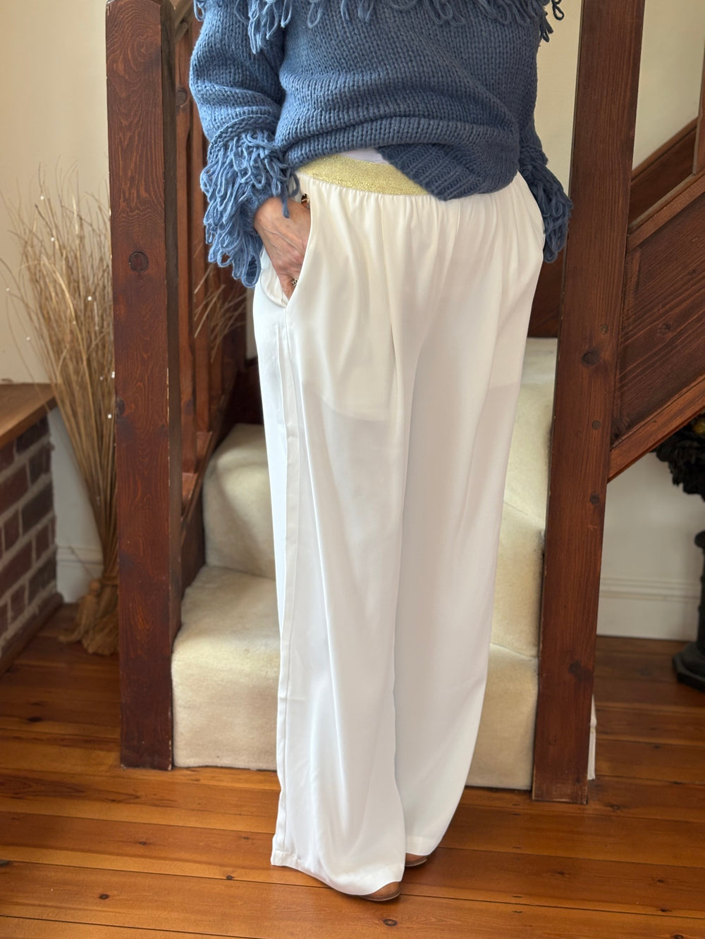 Woven Wide Leg Trouser Sparkle Waist Malissa J | White - Mandy's Heaven 