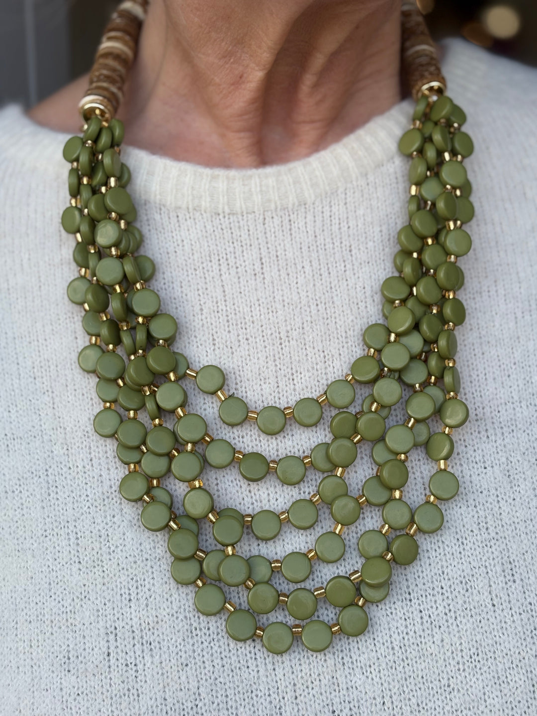 Coconut Shell & Mini Circle Bead Necklace | Forest Green & Gold