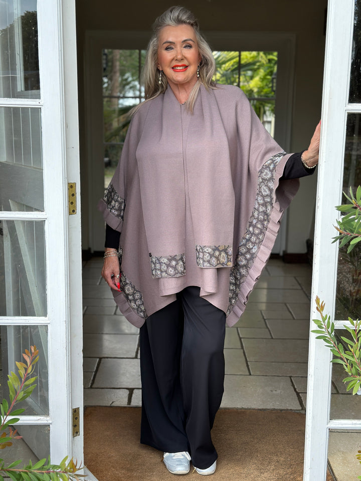 Sparkle Trim Poncho with Scarf - Malissa J | Taupe