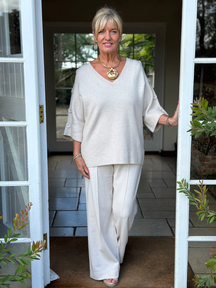 Elbow Length Button Detail V Neck Jumper - Malissa J | Oyster