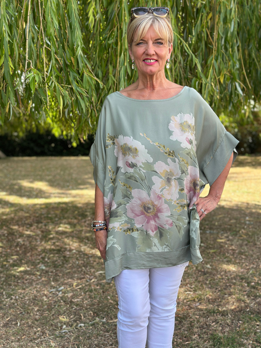 Floral Soft Ovesized Top | Khaki