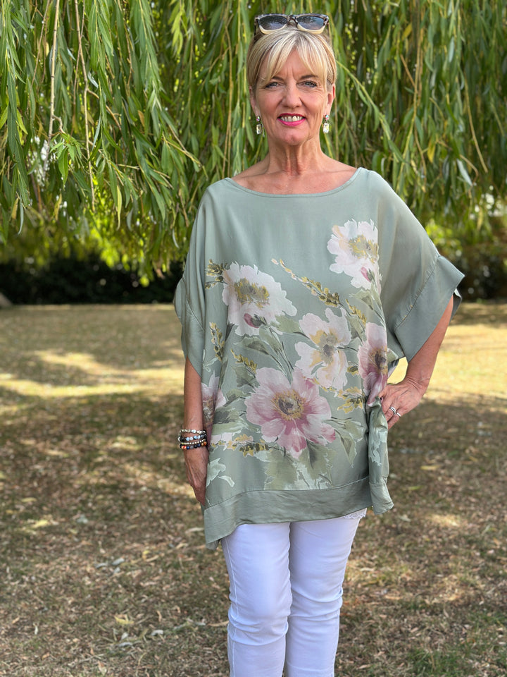 Floral Soft Ovesized Top | Khaki