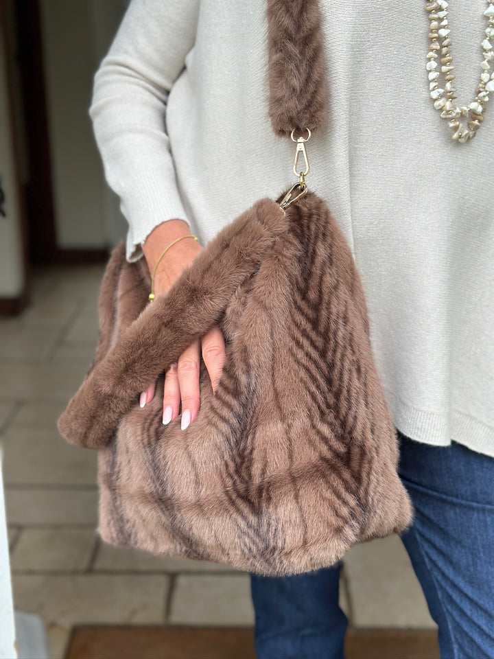 Faux Fur Shoulder Bag - Malissa J | Light Brown Feather Stripe